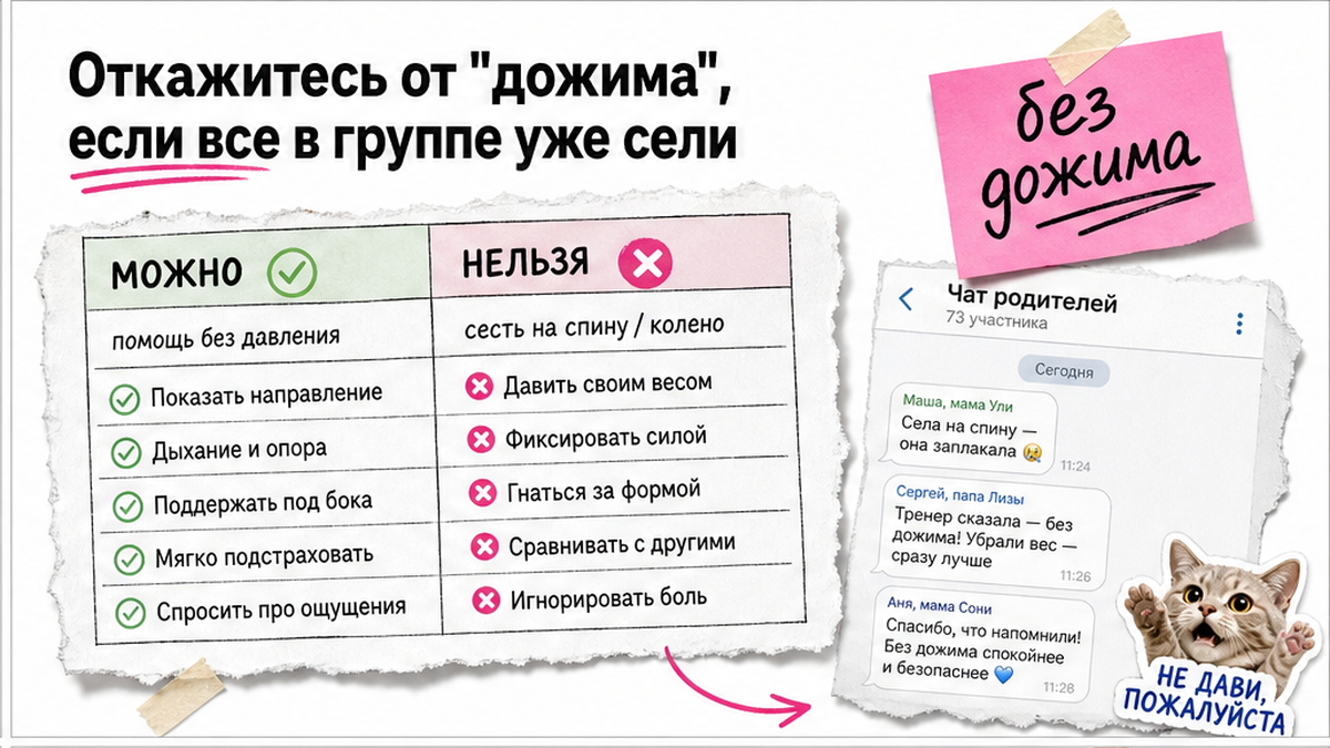 Таблица можно/нельзя: безопасная помощь vs дожим на шпагат