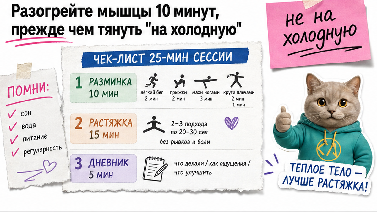 Чеклист домашней сессии: 10 мин разминки перед растяжкой