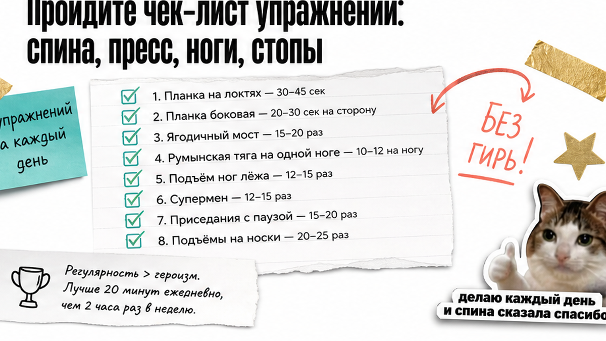 Чек-лист 8 упражнений ОФП: спина, пресс, ноги, стопы