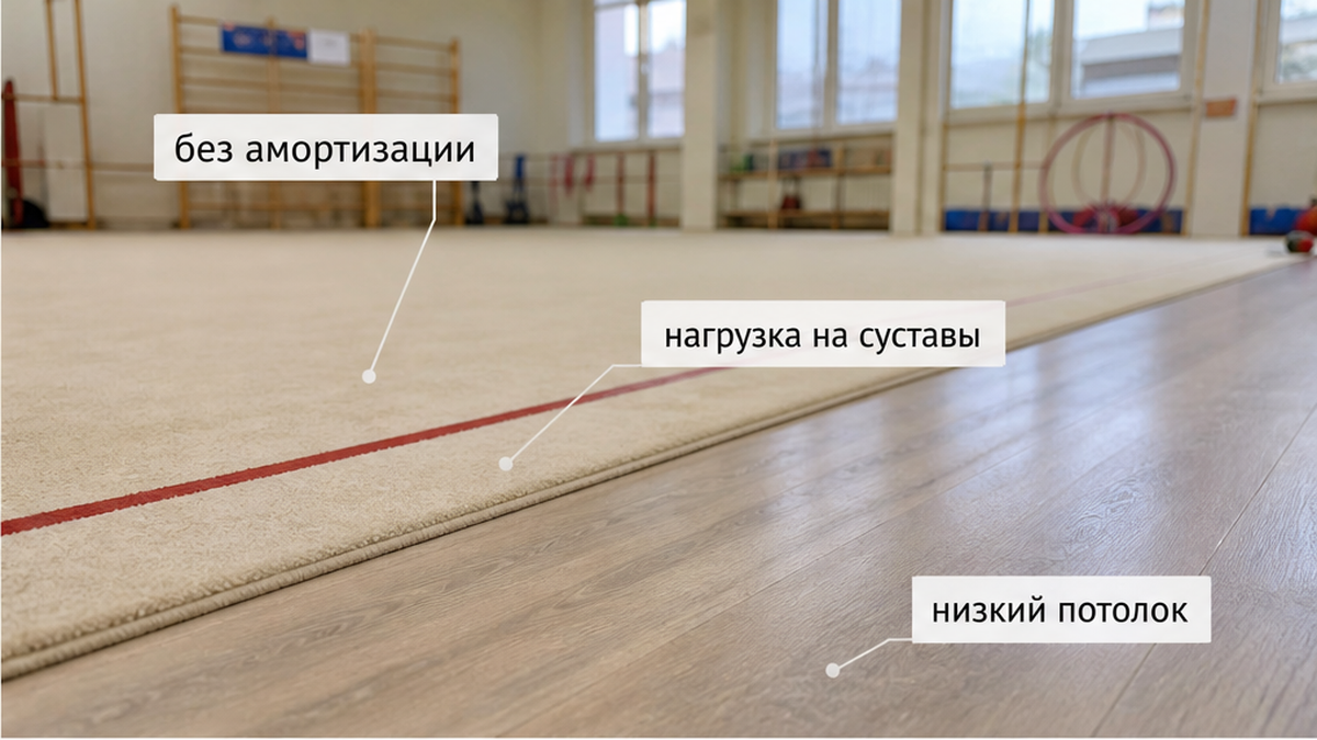 Помост в зале и бытовой пол: разная амортизация для гимнастки