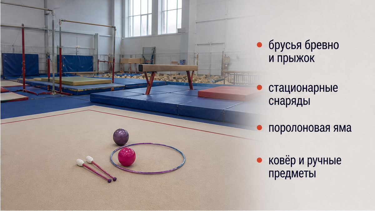 Стационарные снаряды спортивной гимнастики на фоне пустого ковра художественной